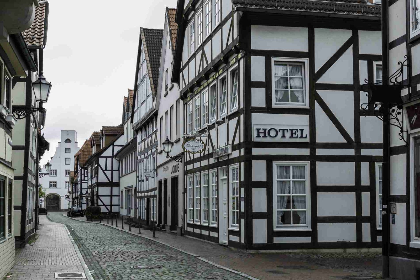 The half-timbered facade of Hotel Christinenhof in Hamelin's old town